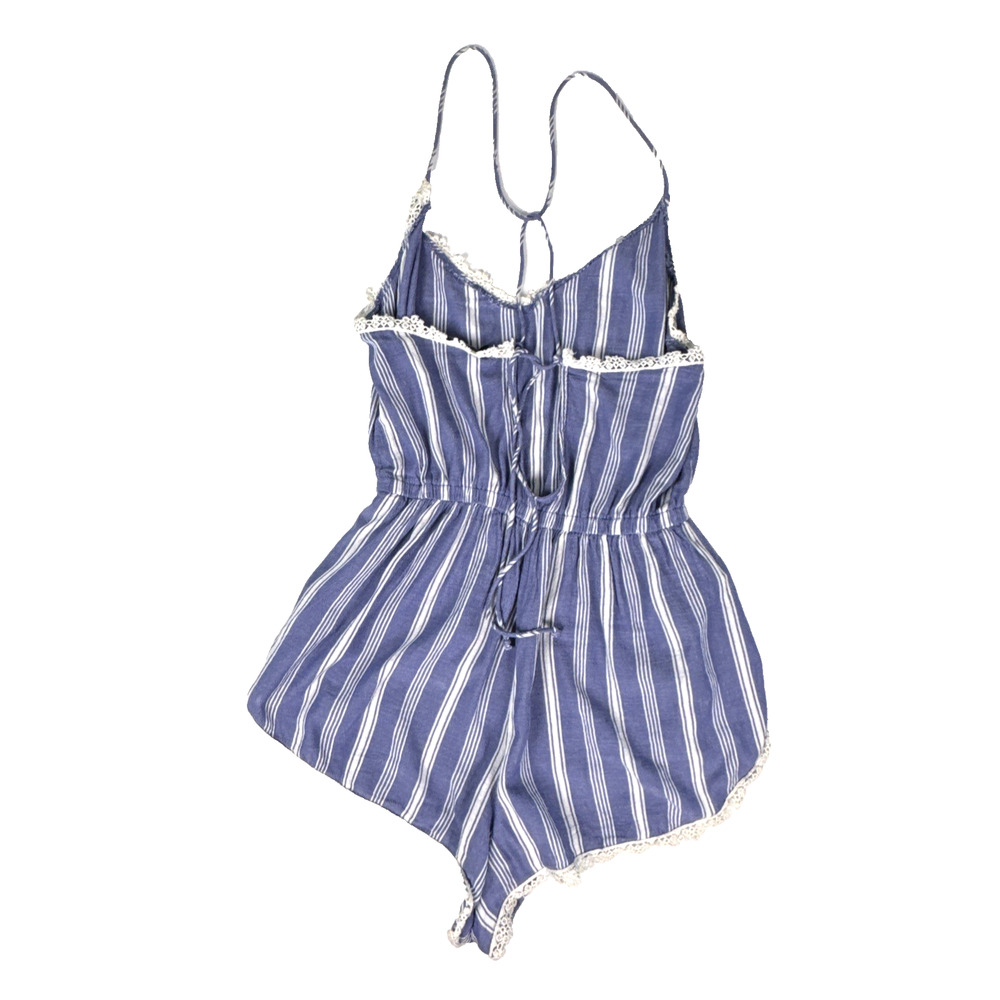 Abercrombie Fitch Striped Strappy Romper Size M Crochet Lace Trim Vtg Y2K Boho - Picture 4 of 13